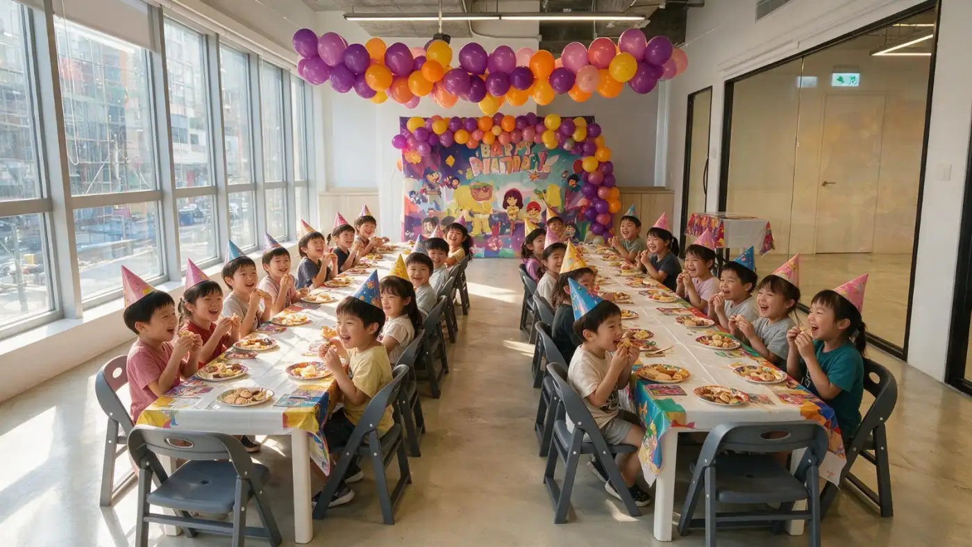 Two long tables of children in party hats at a birthday party in the MosKiddo party rooms, under a balloon arch