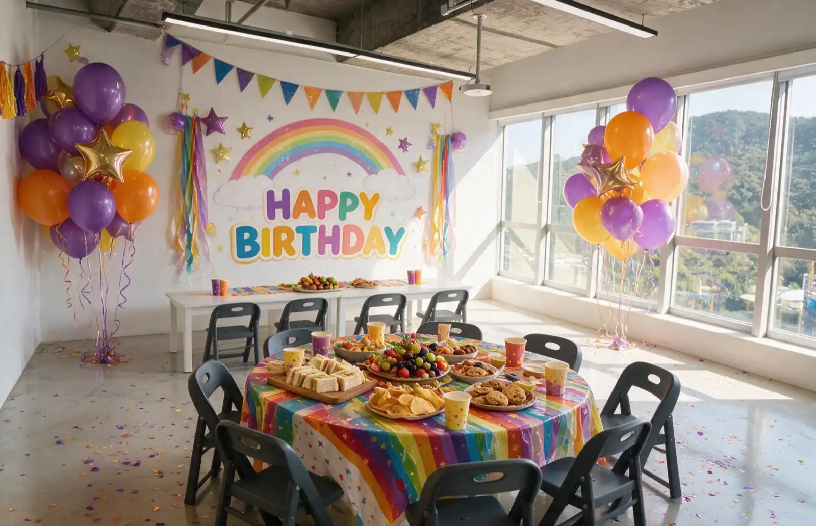 A MosKiddo party room set up before guests arrive, with a happy birthday backdrop, balloon columns and a laid table