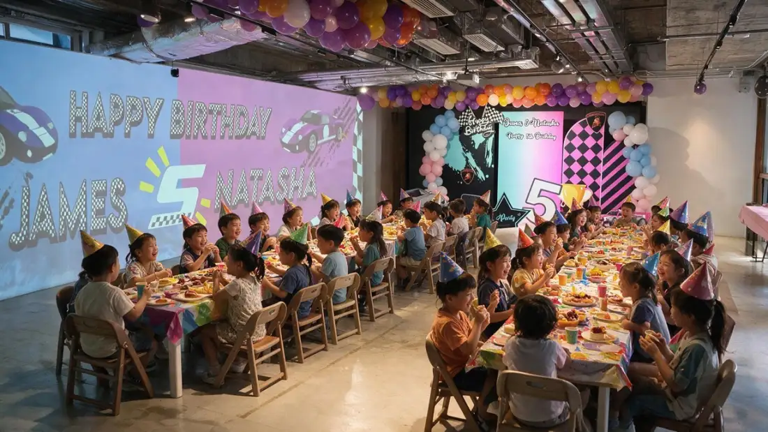 A large birthday party at MosKiddo with two personalised backdrops and children seated along both sides of the tables
