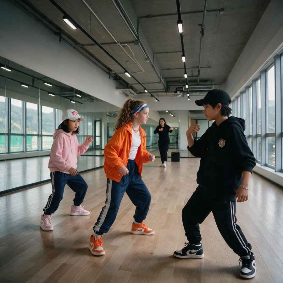 Older children practising a hip hop routine with an instructor at MosKiddo