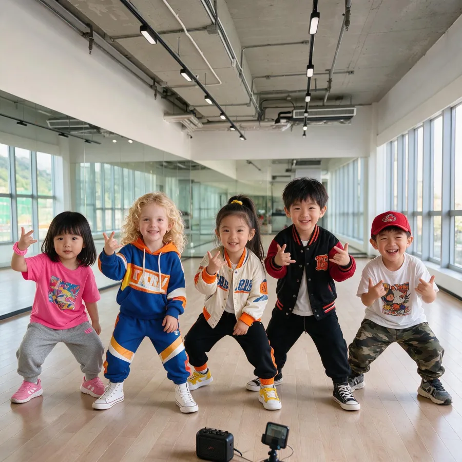 Young children striking a pose together in the dance studio at MosKiddo