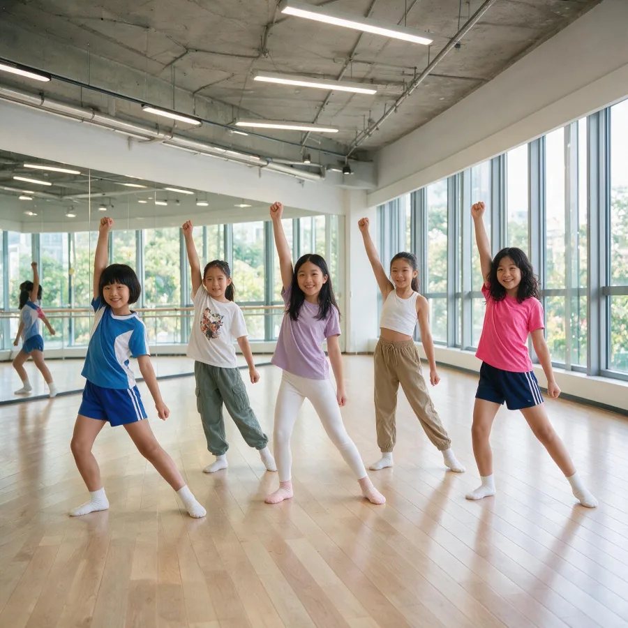 Five children with arms raised in a jazz funk line across the dance studio at MosKiddo