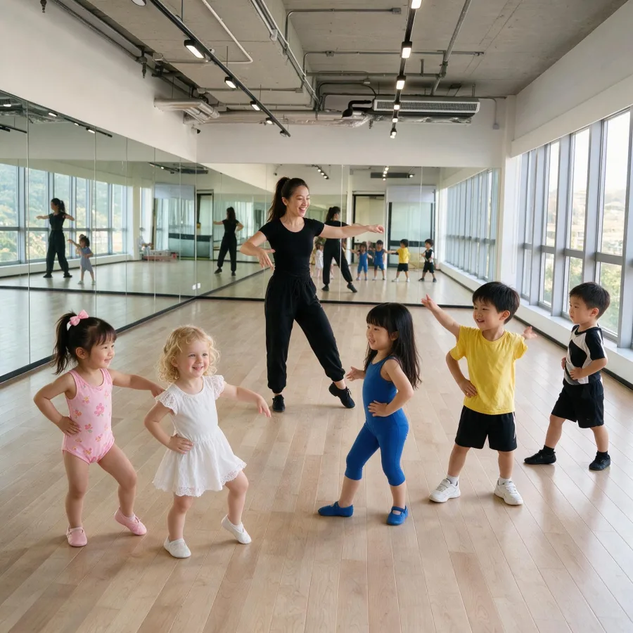 Small children copying an instructor's dance pose in the studio at MosKiddo