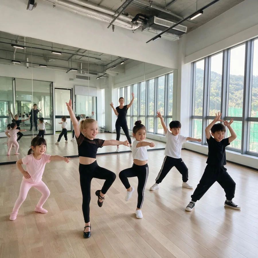 Children mid leap during a jazz funk routine in the dance studio at MosKiddo