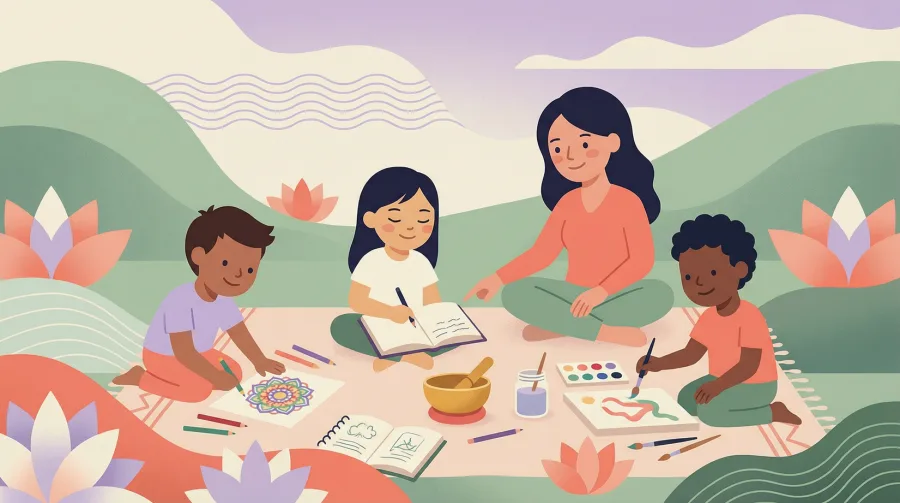 An illustration of children journaling and making mandala art together